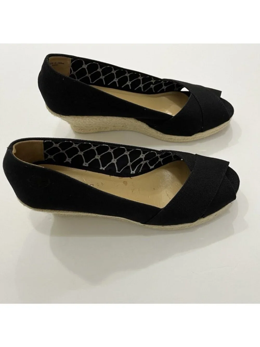 Talbots Black Canvas Peep Toe Sip On Espadrille Wedge Sandal